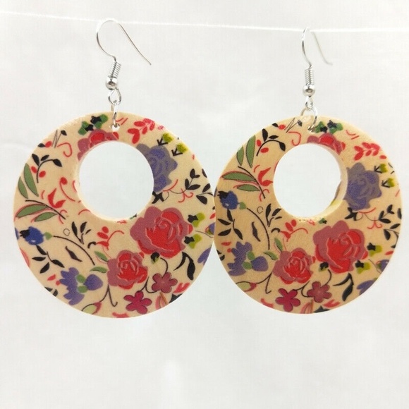 Jewelry - Hollow Wooden Painted Roses Drop Hook Earrings